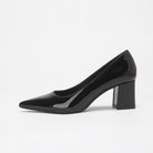 Moncelia black high-shine block heel pumps, single shoe showing low-cut vamp, women's sizes 5 to 11.5