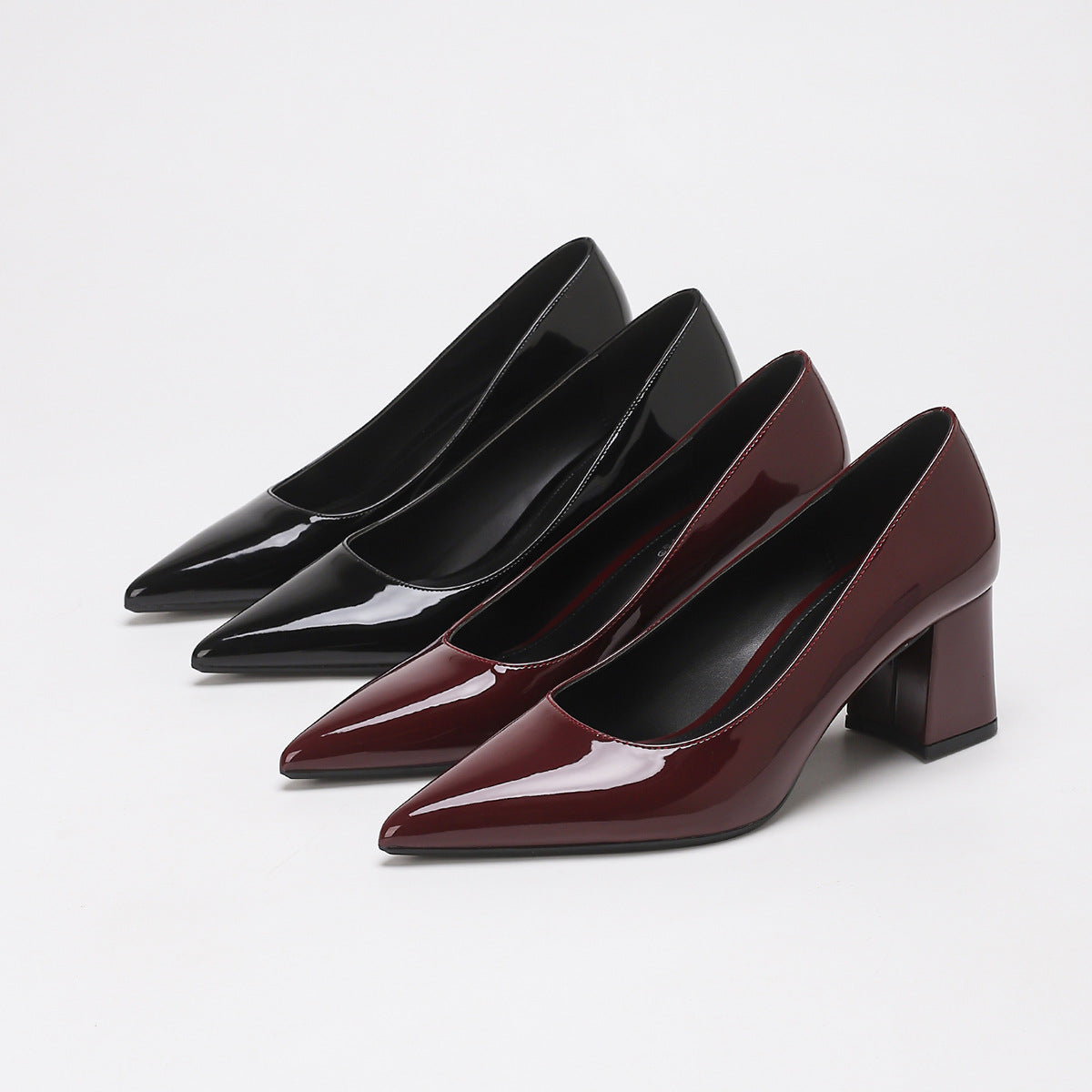 Moncelia black and burgundy high-shine block heel pumps, colours shown side by side, women's sizes 5 to 11.5