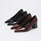 Moncelia black and burgundy high-shine block heel pumps, colours shown side by side, women's sizes 5 to 11.5