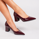 Moncelia burgundy high-shine block heel pumps, worn on model, side view of both feet, women's sizes 5 to 11.5