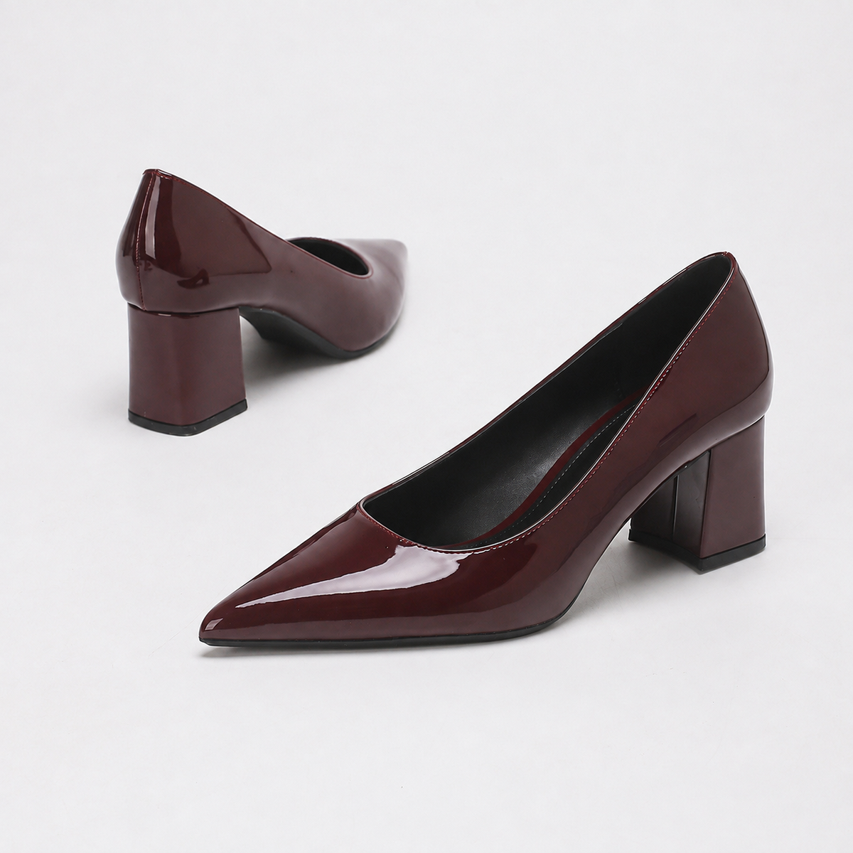 Moncelia burgundy high-shine block heel pumps, pair from side and back showing heel, women's sizes 5 to 11.5
