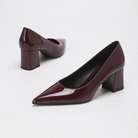 Moncelia burgundy high-shine block heel pumps, pair from side and back showing heel, women's sizes 5 to 11.5