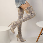 Moncelia cream snake print over-the-knee boots, side view showing pointed toe, women's sizes 5.5 to 9
