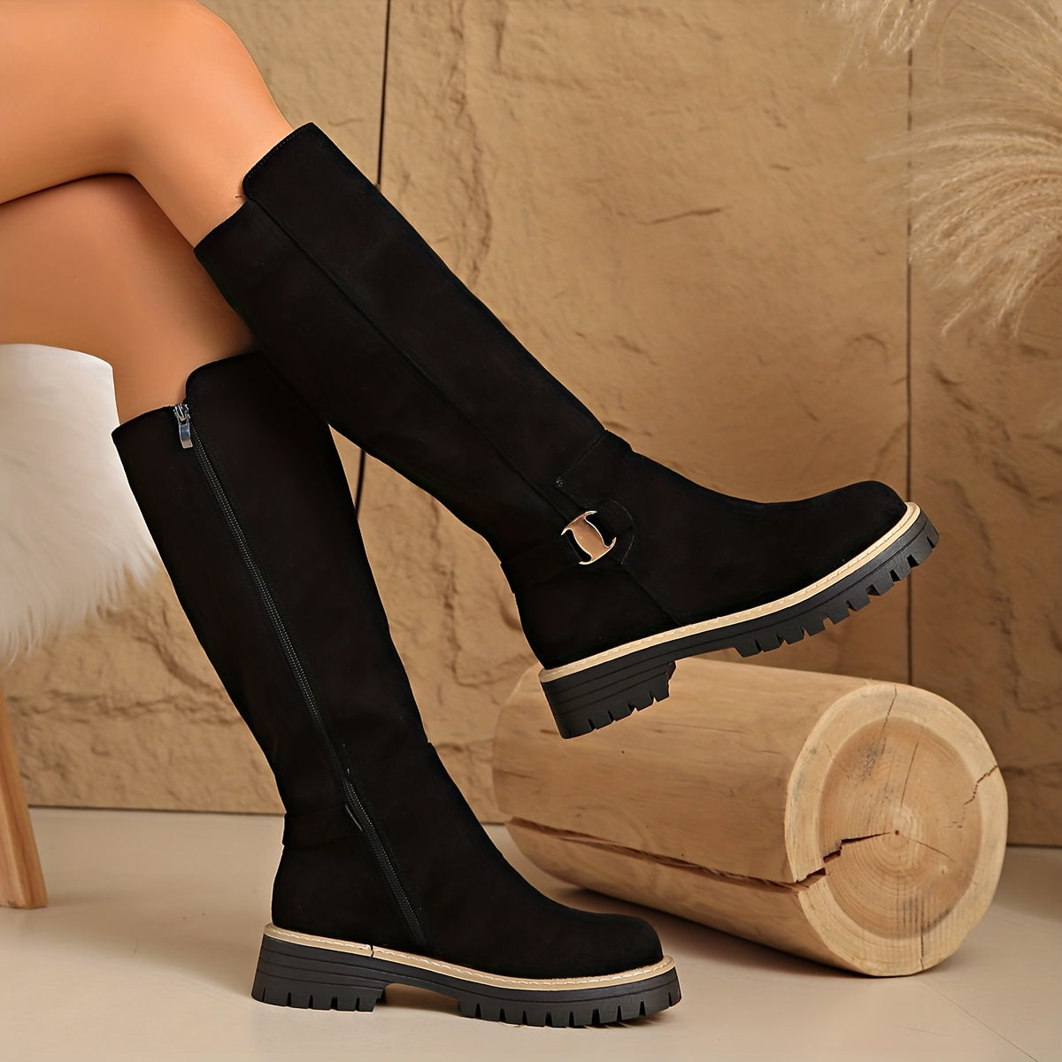 Moncelia Mirabel Lug Sole Faux Suede Knee High Boots