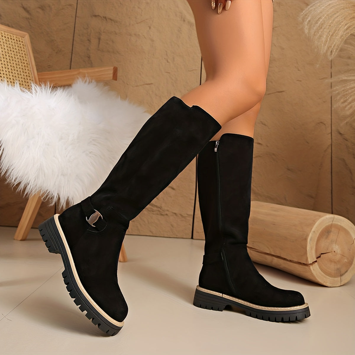 Moncelia Mirabel Lug Sole Faux Suede Knee High Boots