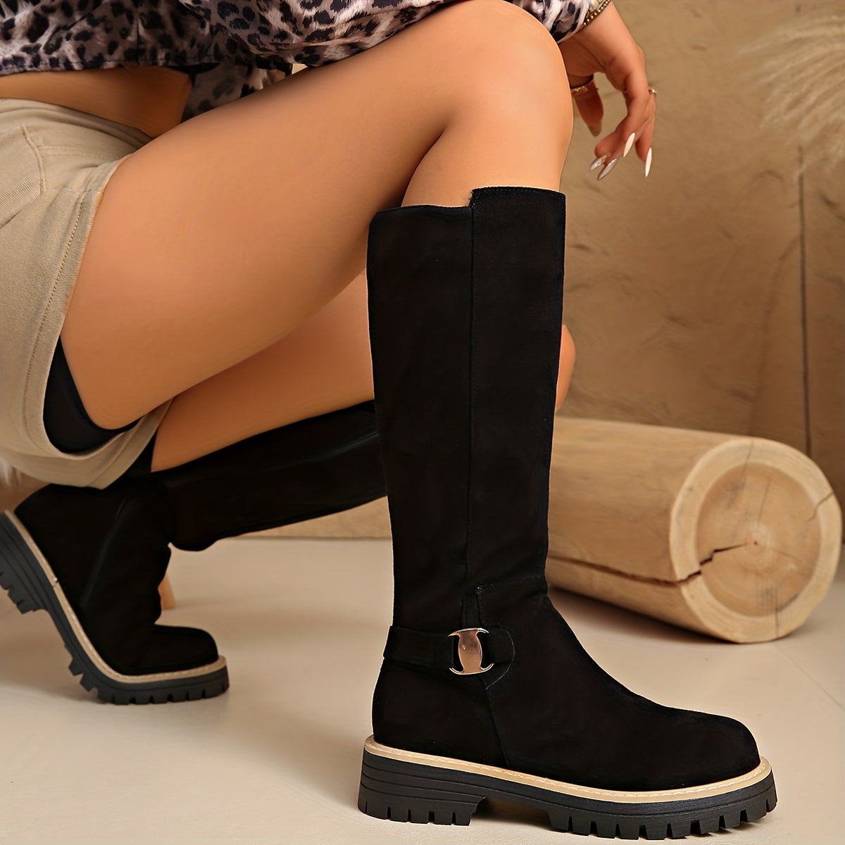 Moncelia Mirabel Lug Sole Faux Suede Knee High Boots