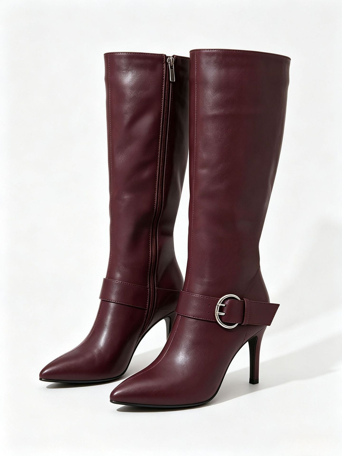 Moncelia burgundy buckled knee-high boots, pair from the side with silver buckle, women's sizes 5 to 11.5