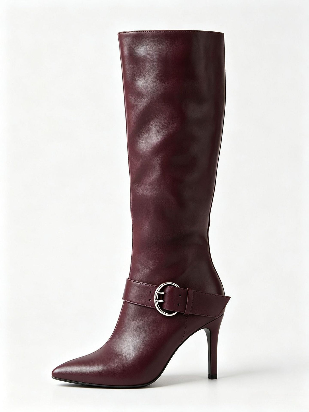 Moncelia burgundy buckled knee-high boots, single boot in profile showing stiletto, women's sizes 5 to 11.5