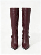 Moncelia burgundy buckled knee-high boots, front view of pair showing pointed toe, women's sizes 5 to 11.5