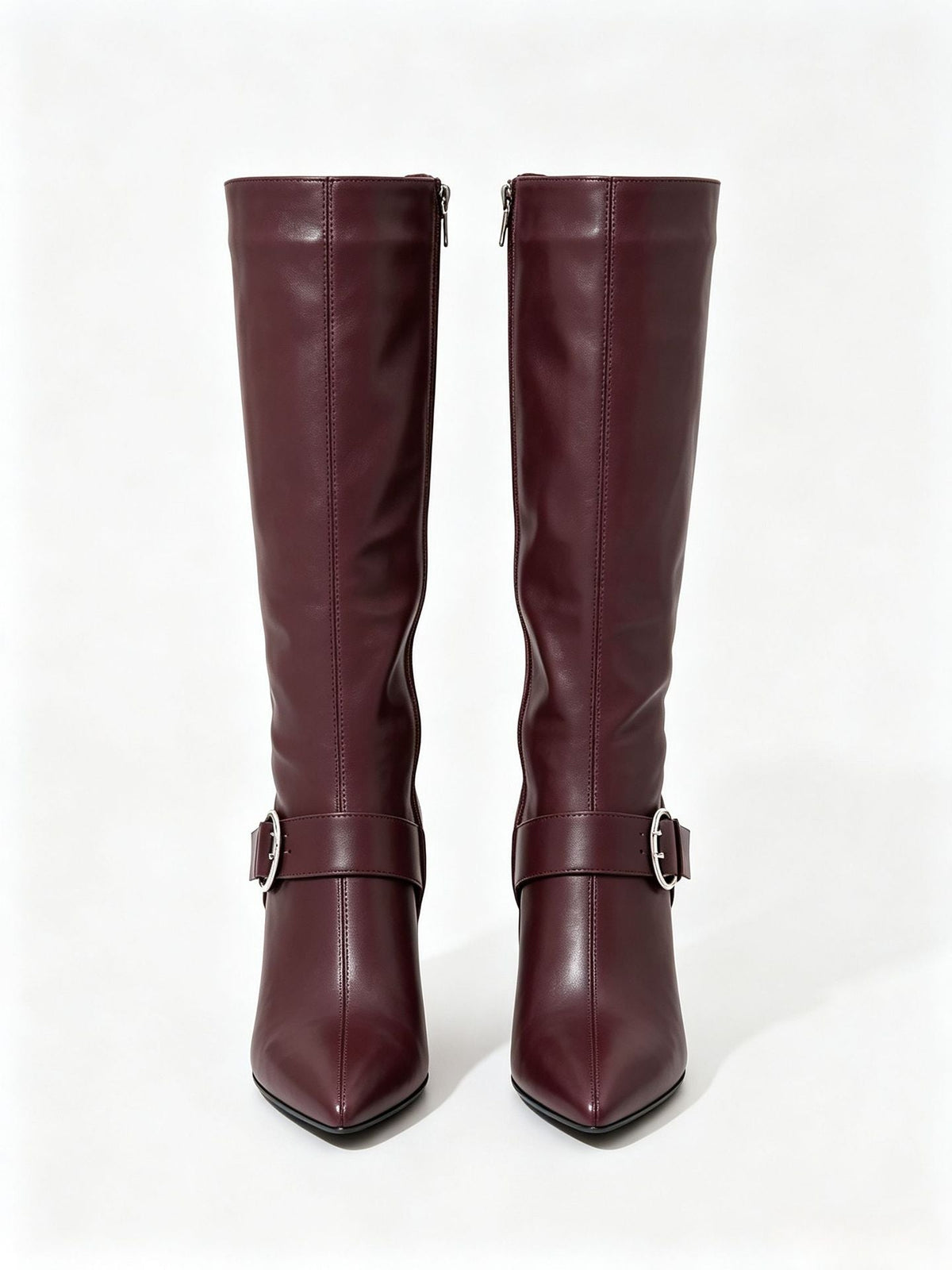 Moncelia burgundy buckled knee-high boots, front view of pair showing pointed toe, women's sizes 5 to 11.5