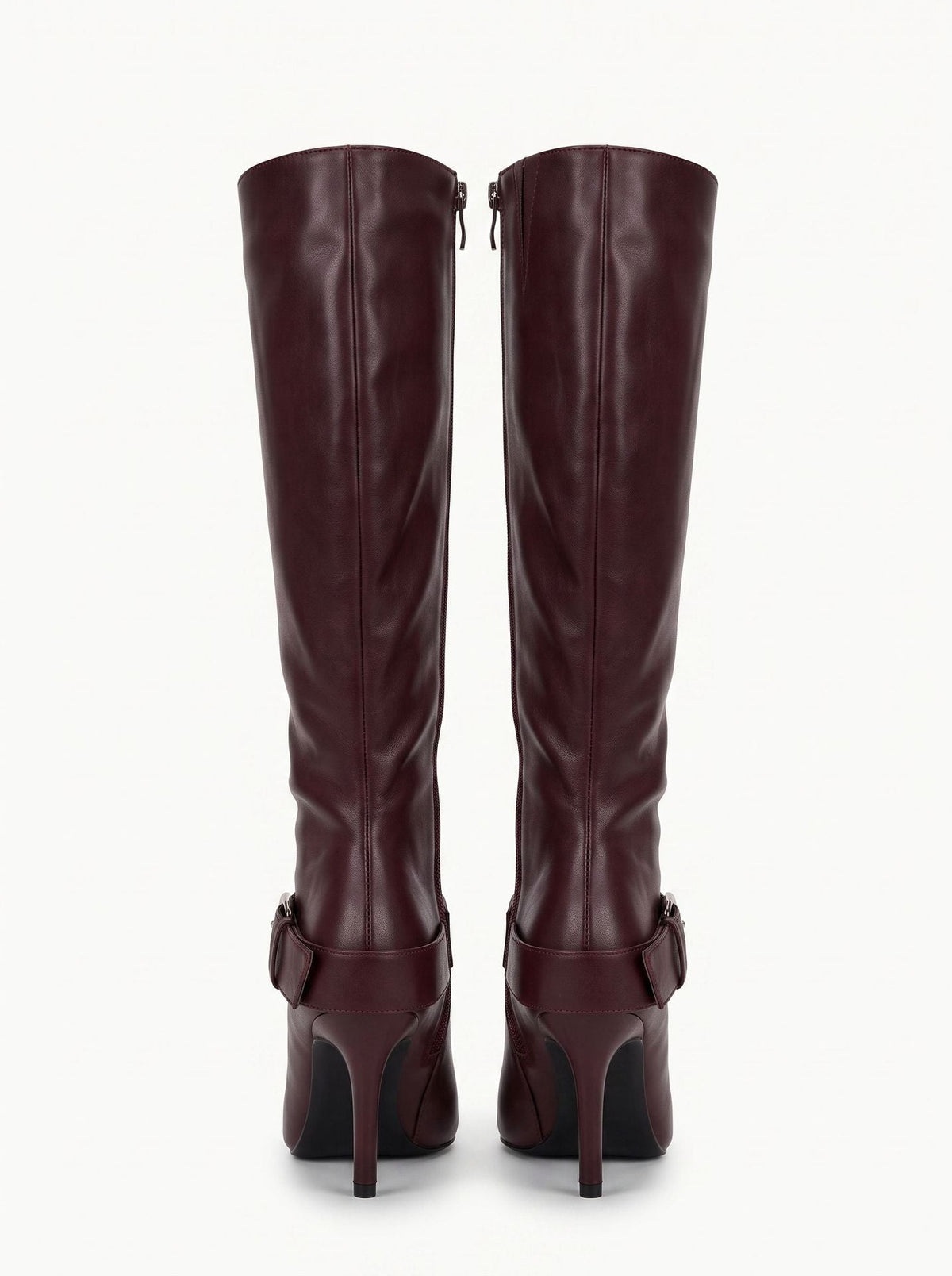 Moncelia burgundy buckled knee-high boots, back view showing inner zip and heel, women's sizes 5 to 11.5