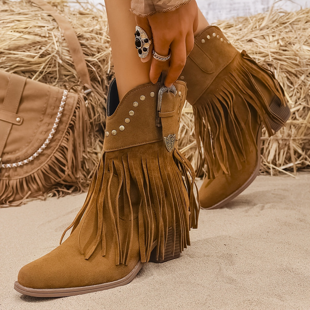 Moncelia Musette Studded Fringe Western Ankle Boots