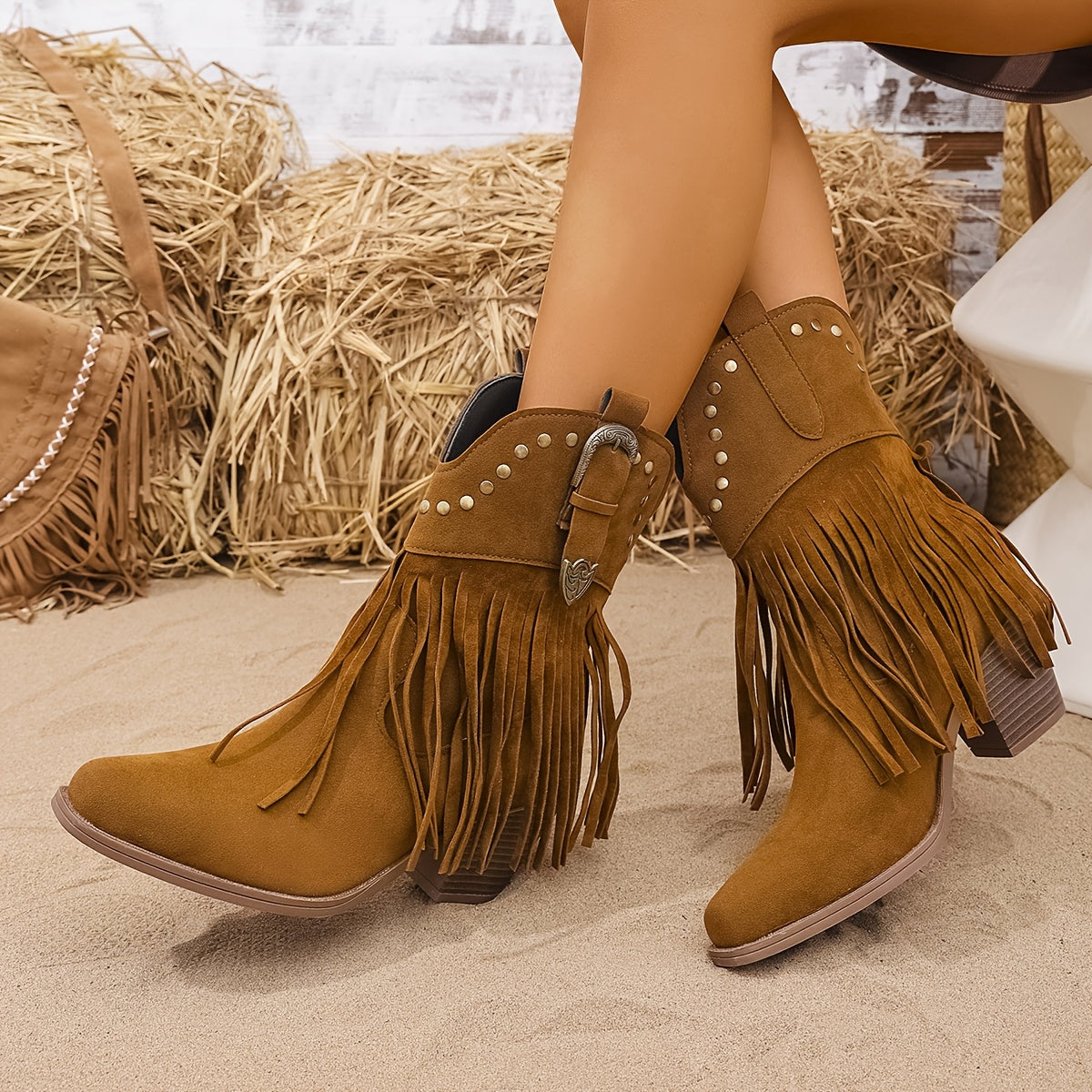 Moncelia Musette Studded Fringe Western Ankle Boots