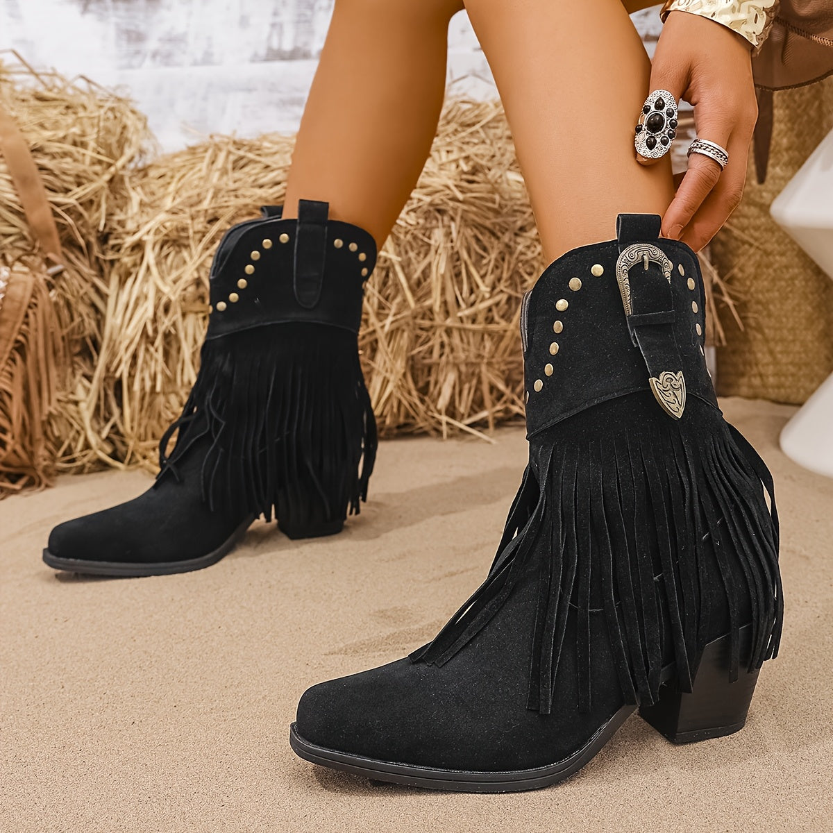 Moncelia Musette Studded Fringe Western Ankle Boots