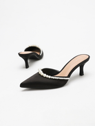 Moncelia black pearl trim satin mules, pair showing pointed toe and open back, women's sizes 5 to 11.5