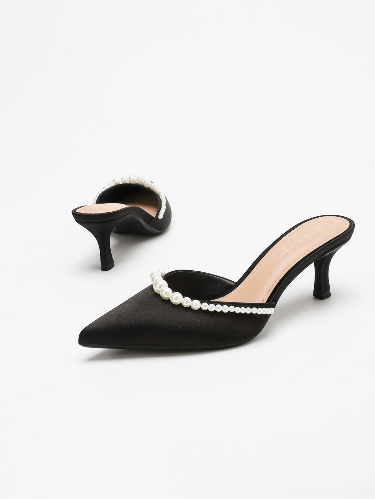 Moncelia black pearl trim satin mules, pair showing pointed toe and open back, women's sizes 5 to 11.5