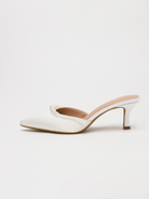 Moncelia ivory pearl trim satin mules, single mule in profile showing kitten heel, women's sizes 5 to 11.5