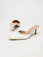 Moncelia ivory pearl trim satin mules, pair showing pointed toe and open back, women's sizes 5 to 11.5