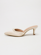 Moncelia apricot pearl trim satin mules, single mule in profile showing kitten heel, women's sizes 5 to 11.5