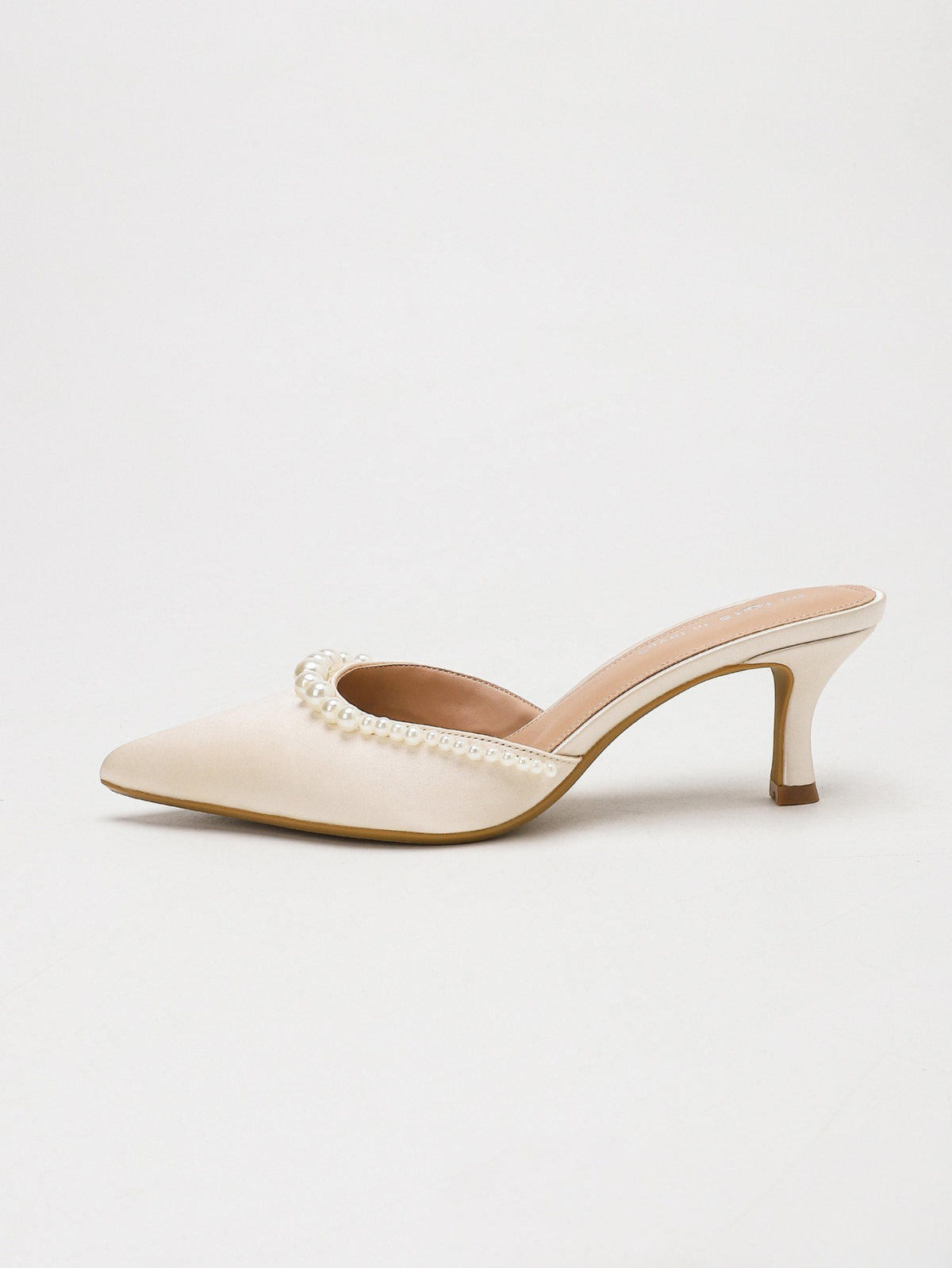 Moncelia apricot pearl trim satin mules, single mule in profile showing kitten heel, women's sizes 5 to 11.5
