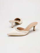 Moncelia apricot pearl trim satin mules, pair showing pointed toe and open back, women's sizes 5 to 11.5