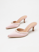 Moncelia pink pearl trim satin mules, pair shown from the side, women's sizes 5 to 11.5