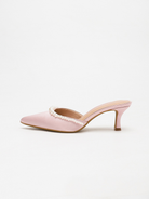 Moncelia pink pearl trim satin mules, single mule in profile showing kitten heel, women's sizes 5 to 11.5
