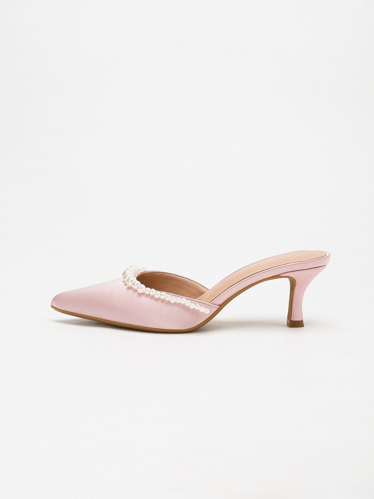 Moncelia pink pearl trim satin mules, single mule in profile showing kitten heel, women's sizes 5 to 11.5
