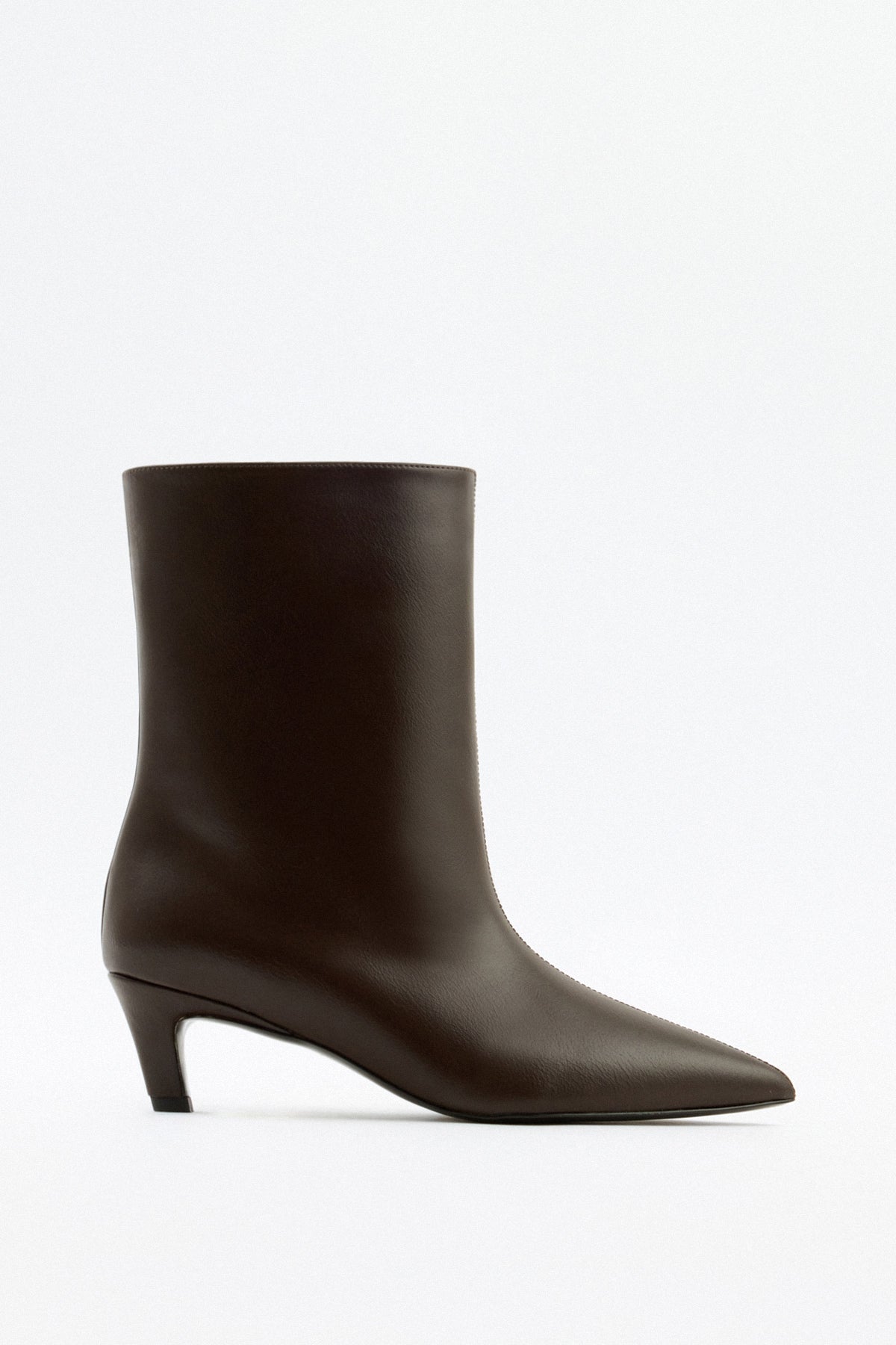 Moncelia brown pointed toe kitten heel booties, single bootie in profile showing heel, women's sizes 5 to 12