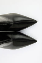Moncelia black pointed toe kitten heel booties, close-up of pointed toe, women's sizes 5 to 12
