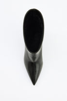 Moncelia black pointed toe kitten heel booties, single bootie seen from above, women's sizes 5 to 12