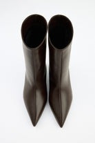 Moncelia brown pointed toe kitten heel booties, pair shown from above, women's sizes 5 to 12
