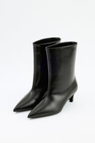 Moncelia black pointed toe kitten heel booties, pair shown at an angle, women's sizes 5 to 12