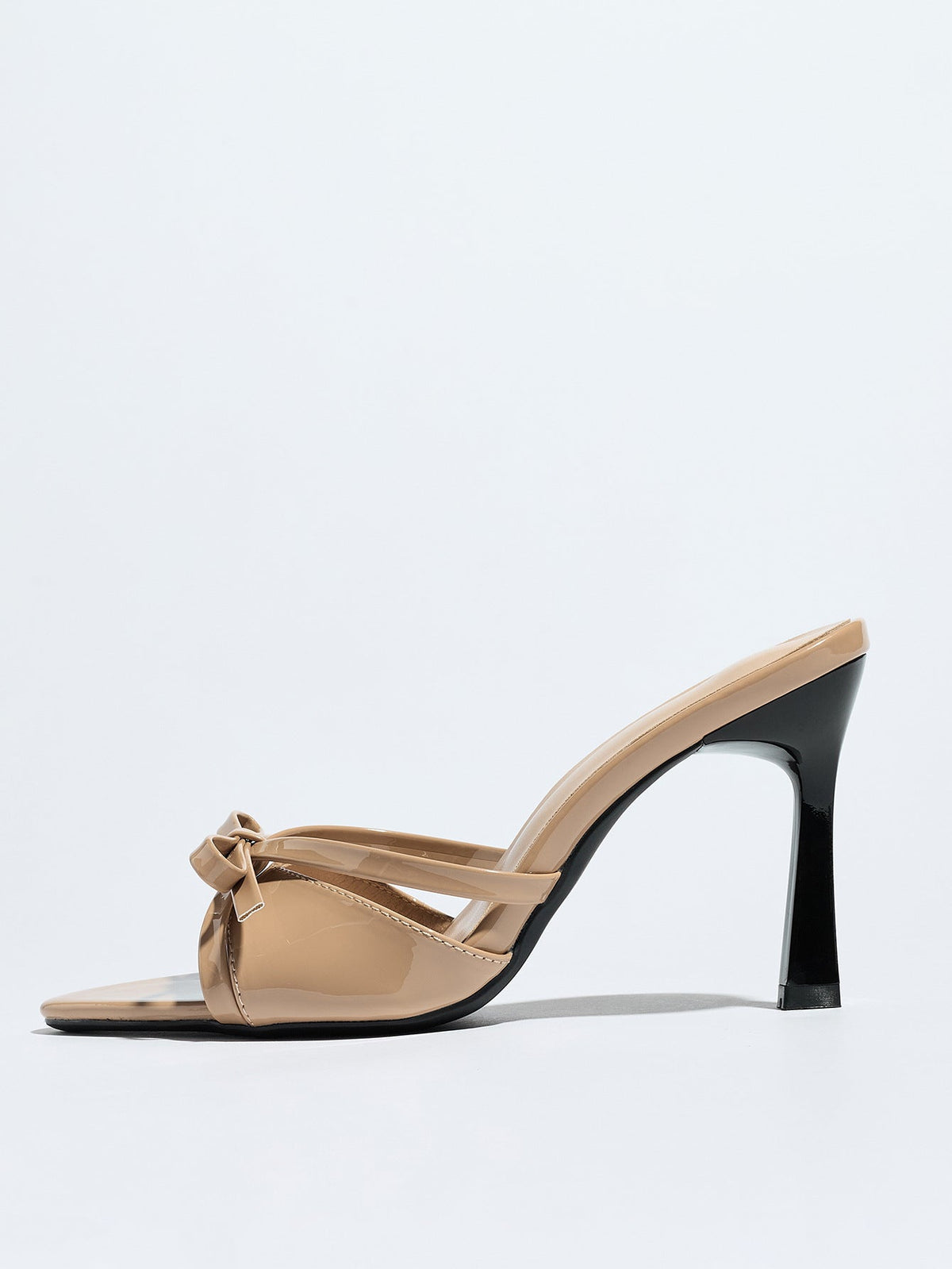 Moncelia apricot bow pointed toe heeled mules, single mule in profile showing heel, women's sizes 5 to 12