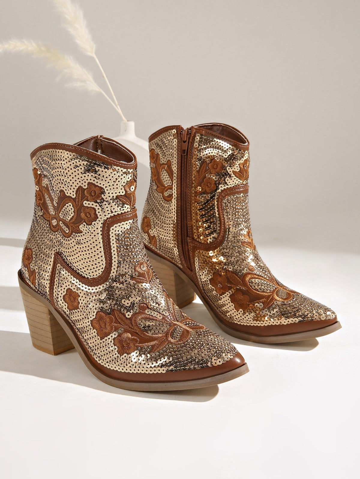 Moncelia gold sequin western ankle boots, pair shown with floral embroidery, women's sizes 5.5 to 12