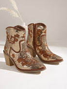 Moncelia gold sequin western ankle boots, pair shown with floral embroidery, women's sizes 5.5 to 12
