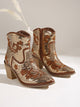 Moncelia gold sequin western ankle boots, pair shown with floral embroidery, women's sizes 5.5 to 12