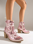 Moncelia pink sequin western ankle boots, front view on model standing, women's sizes 5.5 to 12