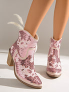 Moncelia pink sequin western ankle boots, on model walking, three-quarter view, women's sizes 5.5 to 12