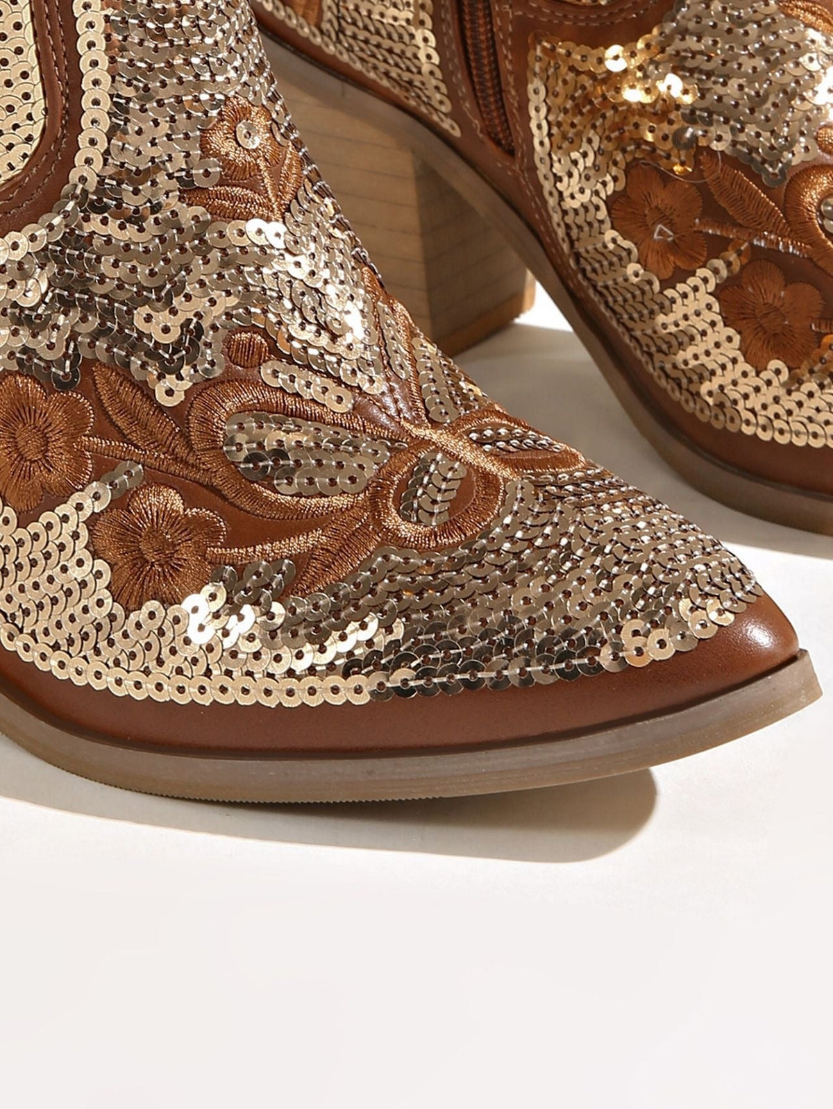 Moncelia gold sequin western ankle boots, close-up of snip toe and sequin embroidery, women's sizes 5.5 to 12