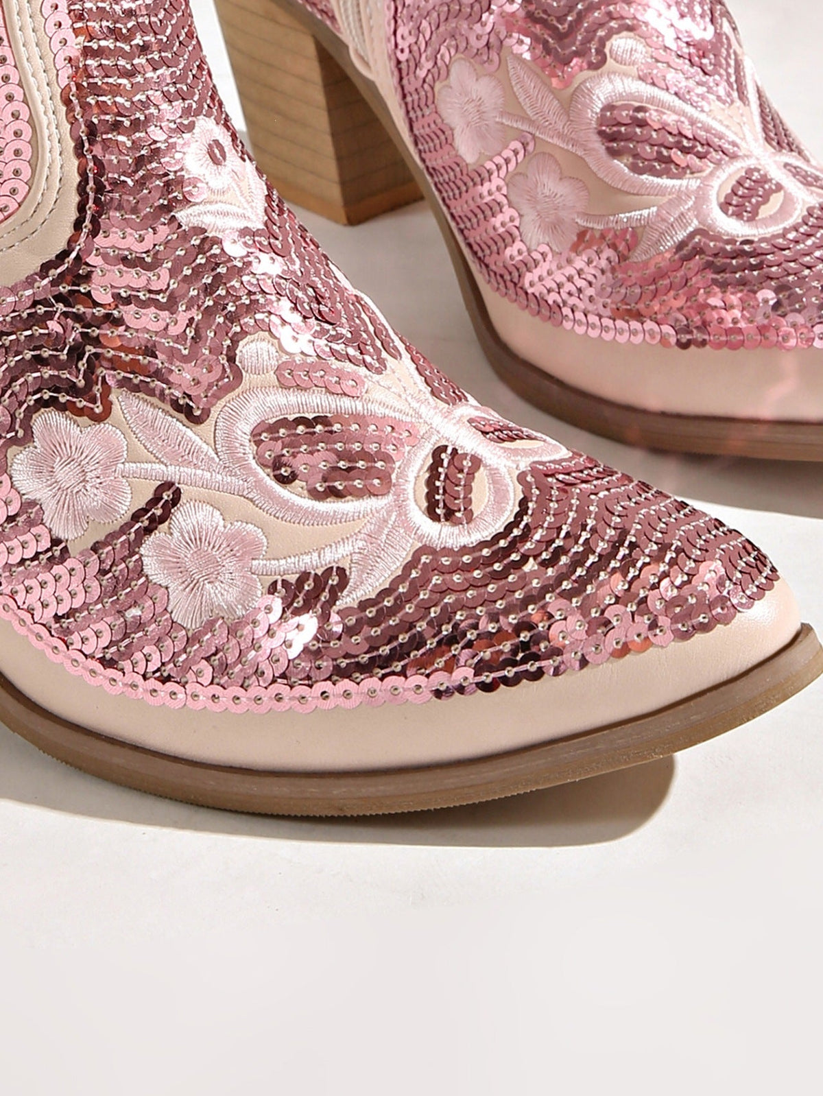 Moncelia pink sequin western ankle boots, close-up of snip toe and floral sequins, women's sizes 5.5 to 12