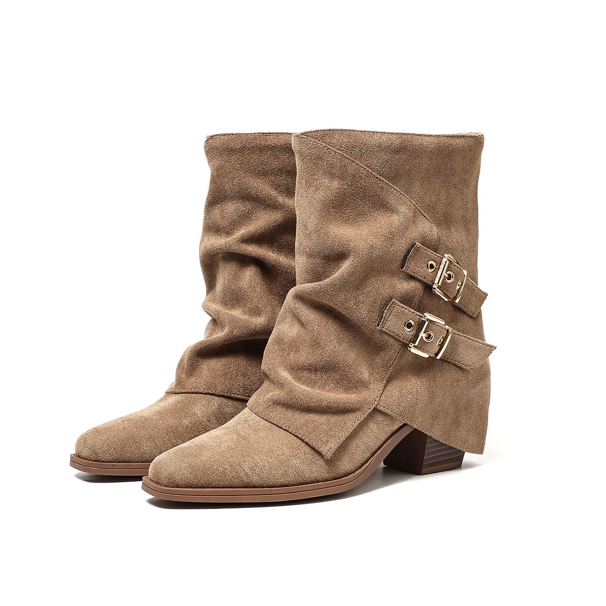 Moncelia olive ruched buckle slouch boots, faux suede pair shown from the side, women's sizes 5.5 to 11