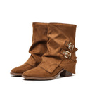 Moncelia brown ruched buckle slouch boots, faux suede pair shown from the side, women's sizes 5.5 to 11
