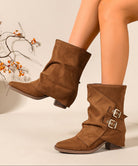Moncelia brown ruched buckle slouch boots, worn on model showing pointed toe, women's sizes 5.5 to 11