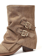Moncelia olive ruched buckle slouch boots, close-up of twin buckle straps, women's sizes 5.5 to 11