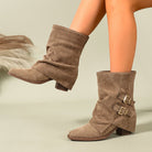 Moncelia olive ruched buckle slouch boots, worn on model, front view, women's sizes 5.5 to 11
