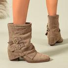Moncelia olive ruched buckle slouch boots, worn on model showing buckles, women's sizes 5.5 to 11