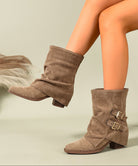 Moncelia olive ruched buckle slouch boots, worn on model, side view, women's sizes 5.5 to 11