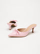 Moncelia pink bow pointed toe curved heel mules, patent pair shown from the side, women's sizes 5 to 11.5