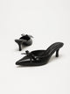Moncelia black bow pointed toe curved heel mules, pair shown from the side, women's sizes 5 to 11.5